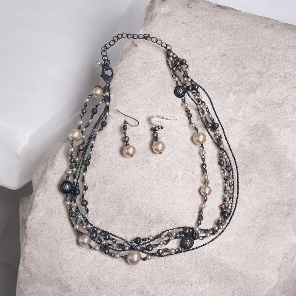 Retired  “Premier Design” Multi-Strand Pearl and Bead Necklace & earring se